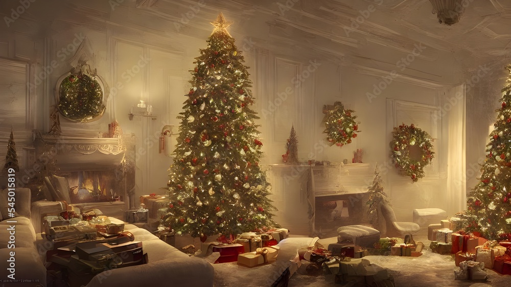 Christmas lights are blinking brightly around a beautifully decorated tree. The presents underneath it are wrapped perfectly, and the whole scene is making the people in the room feel very happy.