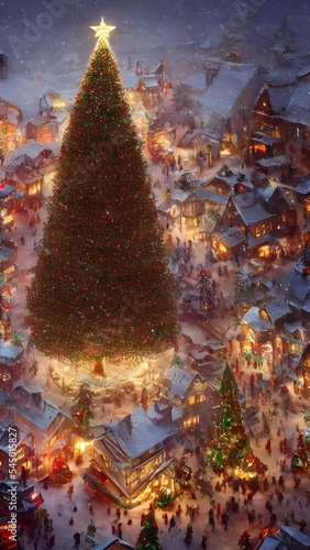 It's a cold winter night and the Christmas tree village is all lit up. The houses are covered in snow and the people are out walking around, enjoying the sights and sounds of the season.
