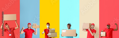 Set of delivery men on colo...