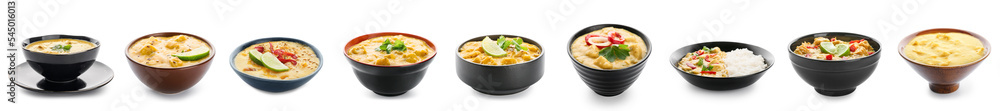 Group of tasty chicken curry on white background Group of tasty chicken curry on white background
