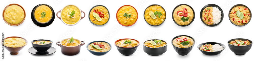 Set of tasty chicken curry on white background Set of tasty chicken curry on white background