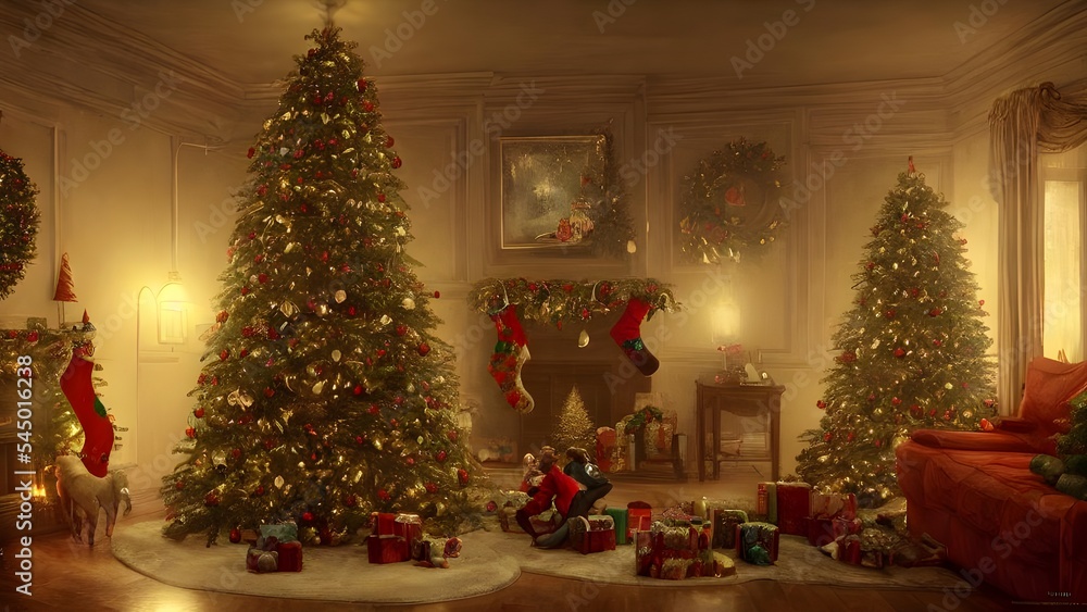 In the picture, there is a Christmas tree inside an antique house. The tree is decorated with lights and ornaments, and there are presents underneath it.