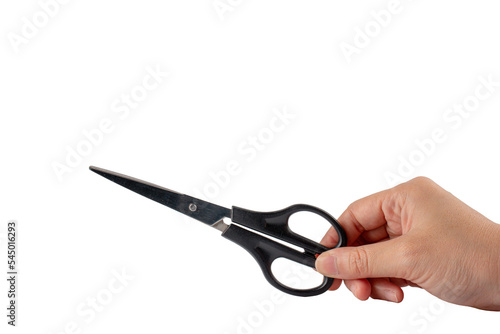 Hand holding office stationery scissors cutting on transparent background 
