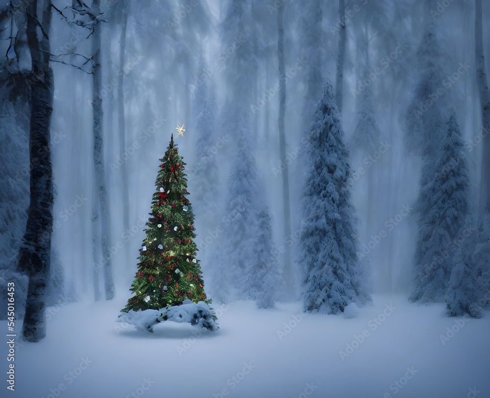 Fototapeta premium It's a cold winter day and the forest is blanketed in snow. The Christmas tree stands tall and proud, covered in icicles and sparkly lights.