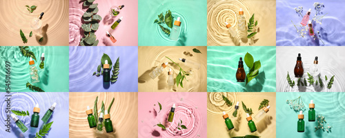Collage with bottles of natural serum in water on colorful background, top view