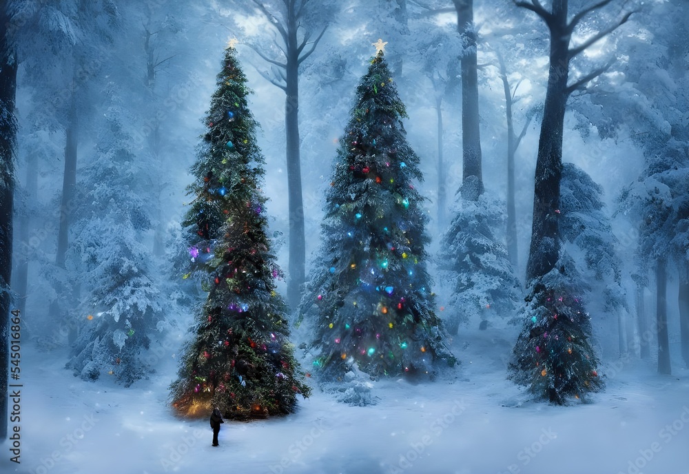 The snow is falling gently through the air, settling on the Christmas