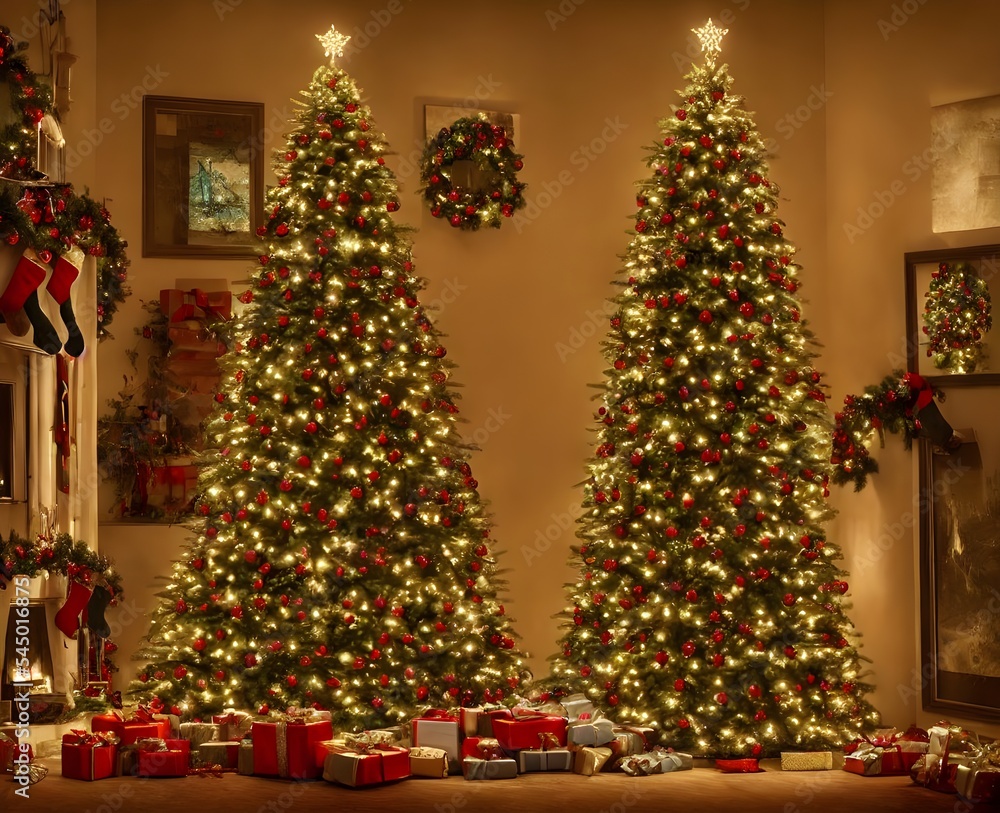 The Christmas tree is standing indoors in a modern house. It is decorated with lights and ornaments. The Christmas tree is standing indoors in a modern house. It is decorated with lights and ornaments.