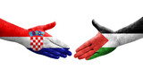 Handshake between Palestine and Croatia flags painted on hands, isolated transparent image.