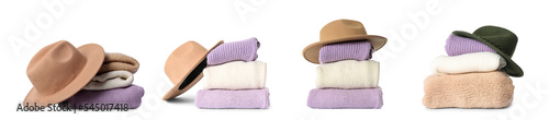 Collage of stacked warm sweaters and felt hats on white background