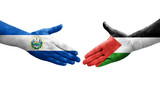 Handshake between Palestine and El Salvador flags painted on hands, isolated transparent image.