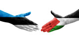 Handshake between Palestine and Estonia flags painted on hands, isolated transparent image.