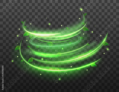 Green spiral spring wind effect with green star and leaves on transparent background. Green glowing shiny lines effect. Vector illustration