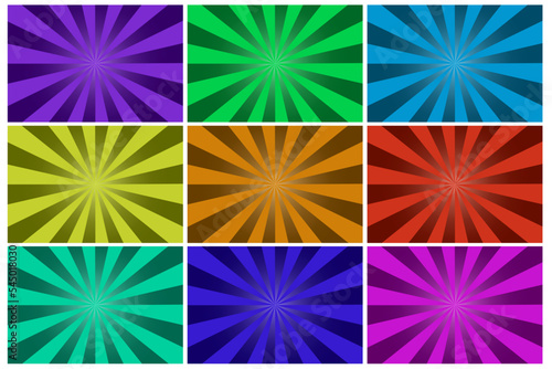 colored rays backgrounds. Geometric pattern. Explosion effect. Light effect set. Cartoon style. Vector illustration. stock image.