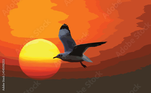 Beautiful Seagull flying in the sky during sunset. Vector Illustration