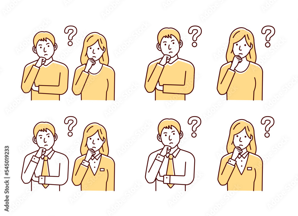 Vector illustration set of a young man and woman (couple / family) having a question Vector illustration set of a young man and woman (couple / family) having a question