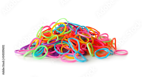 Heap of office colorful rubber bands on white background