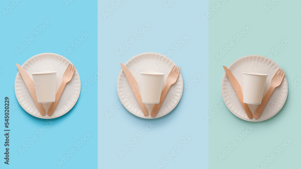 Plates with cups and cutlery on color background Plates with cups and cutlery on color background