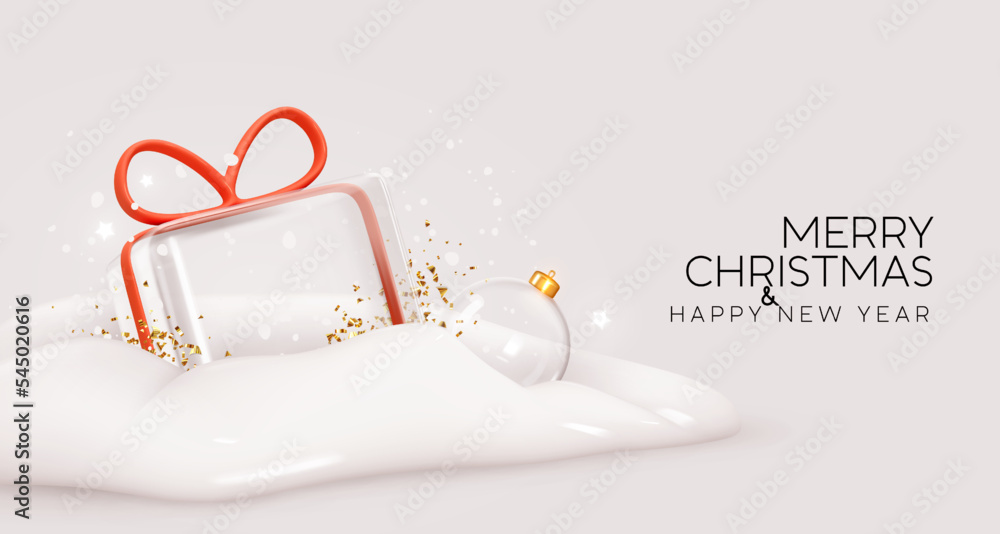 Christmas festive background in snowdrift lies transparent glass ice-shaped gift box with red ribbon bow, gold glitter confetti. Xmas ornament glass ball in the snow. vector illustration Christmas festive background in snowdrift lies transparent glass ice-shaped gift box with red ribbon bow, gold glitter confetti. Xmas ornament glass ball in the snow. vector illustration