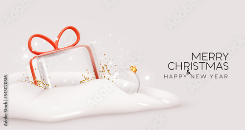 Christmas festive background in snowdrift lies transparent glass ice-shaped gift box with red ribbon bow, gold glitter confetti. Xmas ornament glass ball in the snow. vector illustration