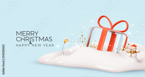 Christmas festive background in snowdrift lies transparent glass ice-shaped gift box with red ribbon bow, gold glitter confetti. Xmas ornament glass ball in the white snow. vector illustration