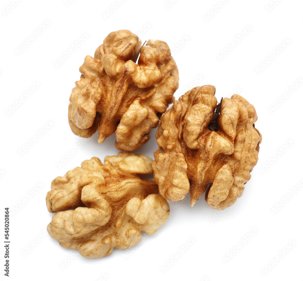 Fresh walnut kernels on white background Fresh walnut kernels on white background