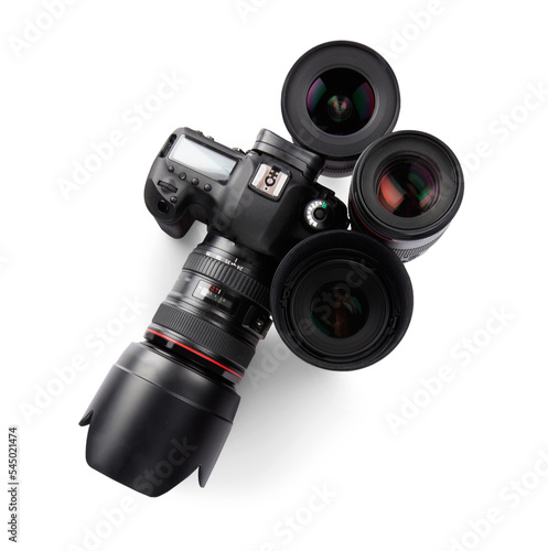 Professional camera with lenses isolated on white background