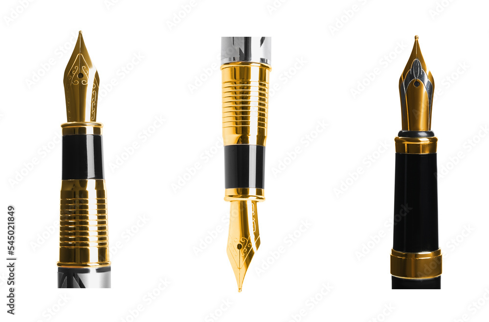 Naklejka premium Set with different beautiful fountain pens on white background