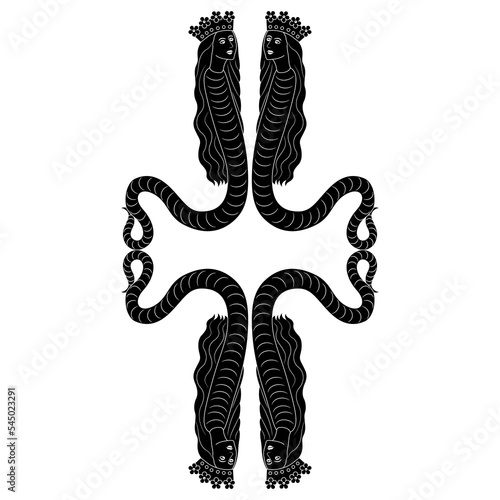 Decorative element with fantastic female snakes. Symmetrical medieval vignette. Black and white silhouette.