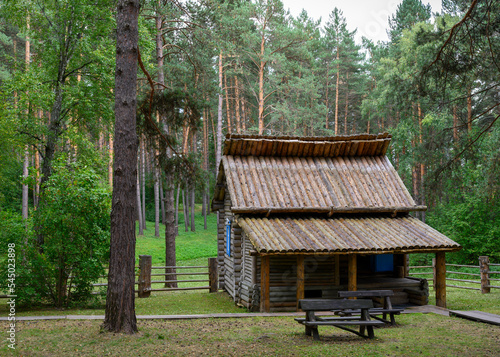 Traditional wooden hut of the 19th century of the Siberian Shor people in the forest