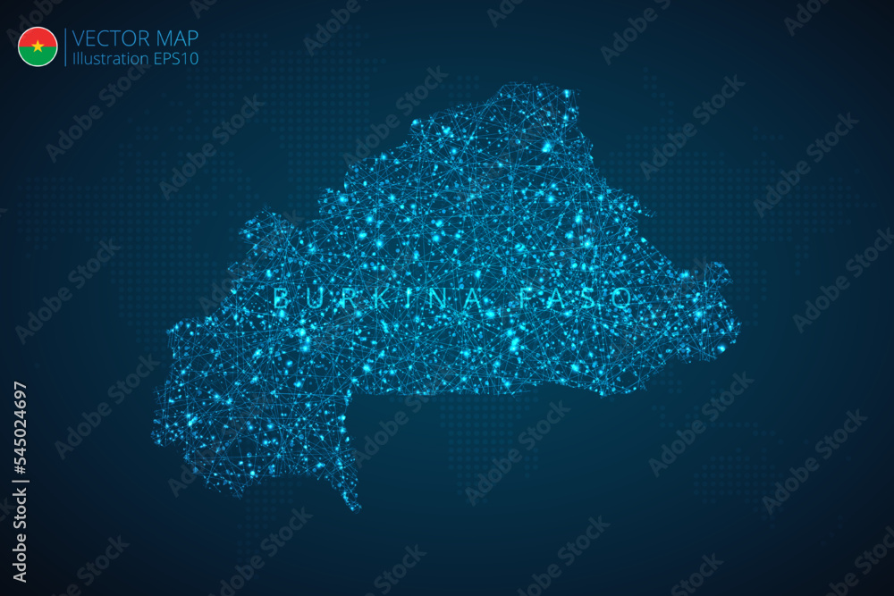 Obraz premium Map of Burkina Faso modern design with abstract digital technology mesh polygonal shapes on dark blue background. Vector Illustration Eps 10.