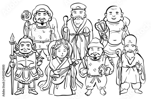 七福神のイラスト　集合　1色