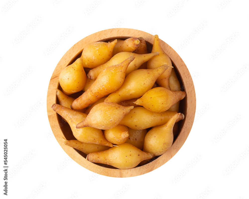 Kaempferia finger root (Krachai) Thai herb in wood bowl isolated transparent png Kaempferia finger root (Krachai) Thai herb in wood bowl isolated transparent png