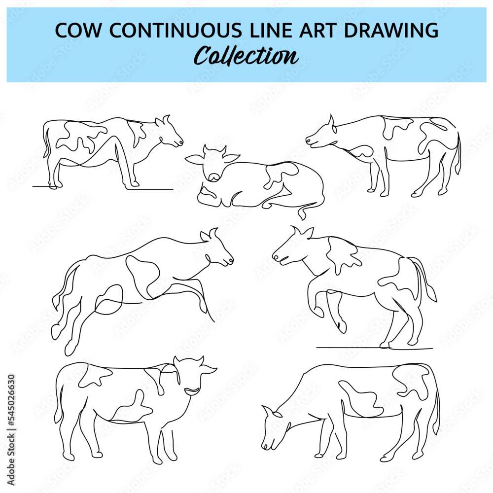 Set of cow line design. Simple animal silhouette decorative elements drawn with one continuous line. Vector illustration of minimalist style on white background.