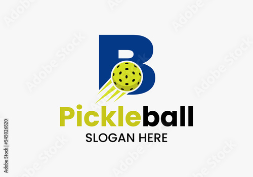 Letter B Pickleball Logo Concept With Moving Pickleball Symbol. Pickle Ball Logotype Vector Template