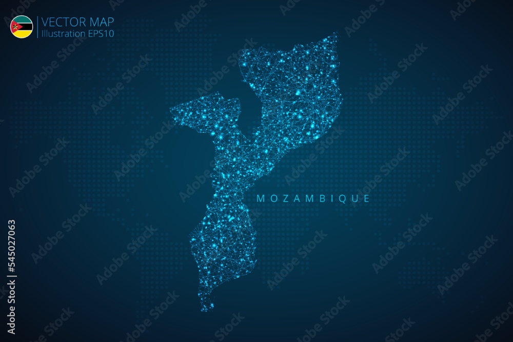 Map of Mozambique modern design with abstract digital technology mesh polygonal shapes on dark blue background. Vector Illustration Eps 10.