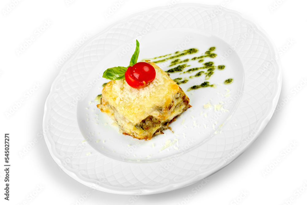 Delicious restaurant food in white plate isolated on white