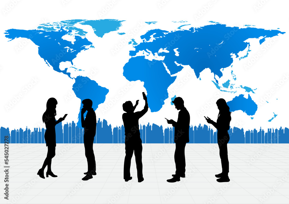 Silhouette image, business people hold smartphone with map world concept hi tech technology connection online vector illustration Silhouette image, business people hold smartphone with map world concept hi tech technology connection online vector illustration