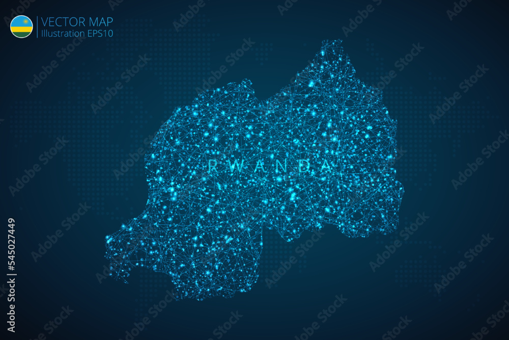Map of Rwanda modern design with abstract digital technology mesh polygonal shapes on dark blue background. Vector Illustration Eps 10.