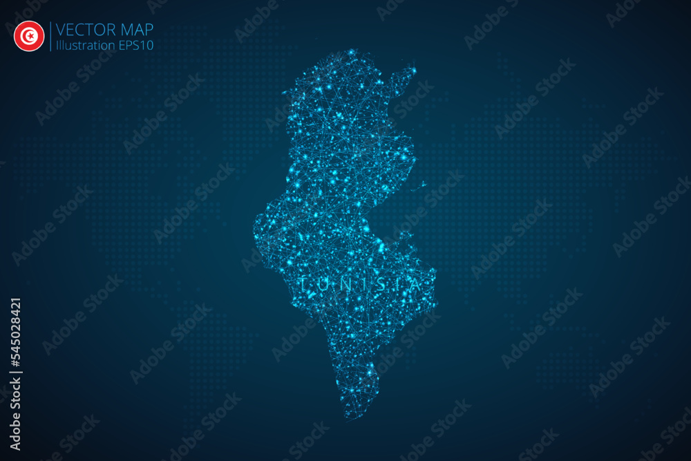 Map of Tunisia modern design with abstract digital technology mesh polygonal shapes on dark blue background. Vector Illustration Eps 10.