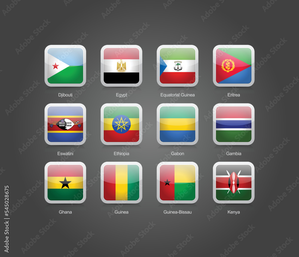 3D rectangular and round glossy design flag icons for African countries ...