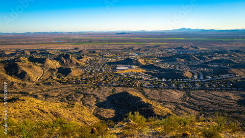 Phoenix, view of the valley, city skyline from Dobbins Lookout in South Mountain and Preserve Public Park in Phoenix, Arizona 