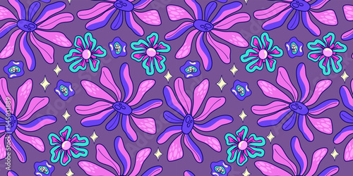 Seamless flower trippy psychedelic pattern. Purple psychedelic seamless pattern. Magic floral daisy print. Trippy design hippie floral flat illustration. Retro y2k print.
