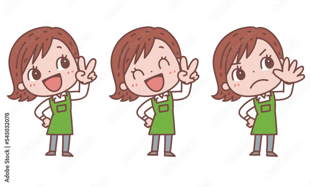 ピースサインをする女性_表情バリエーションセット