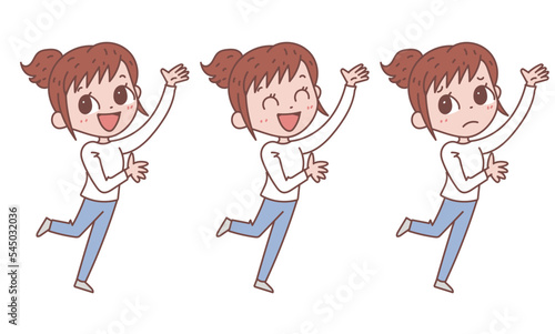 紹介するポーズの女性_表情バリエーションセット