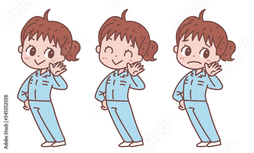 挨拶ポーズの作業着の女性_表情バリエーションセット