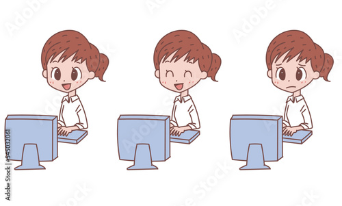 パソコン操作する女性_表情バリエーションセット
