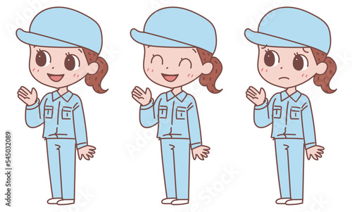 案内する作業着の女性_表情バリエーションセット