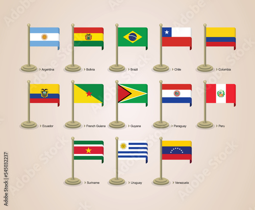3D vector illustration of flagpoles for South American countries