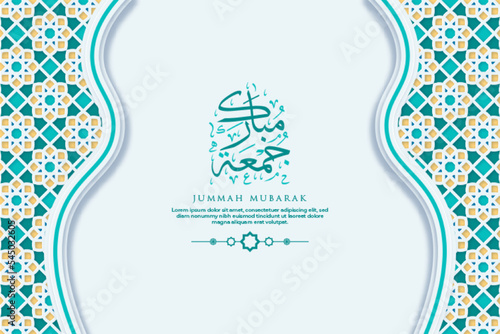 Jummah Mubarak Greeting Card with Calligraphy and Ornament Premium Vector