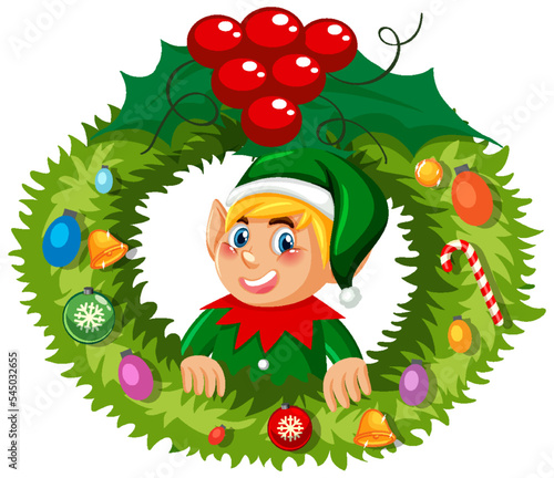 Elf Christmas wreath in cartoon style